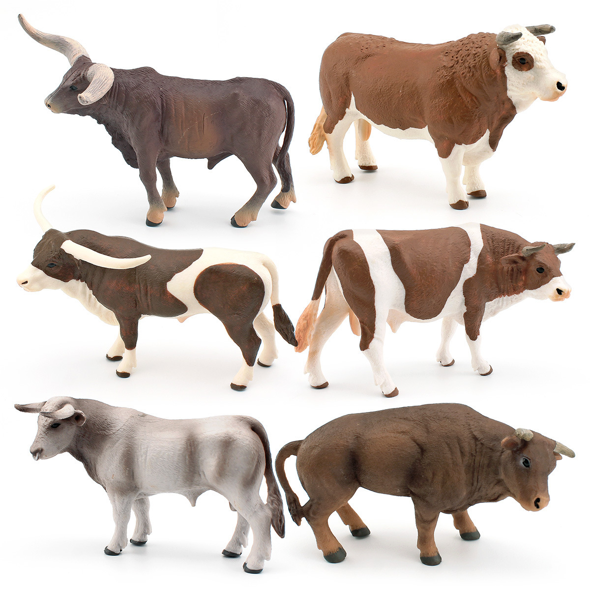 Simulación transfronteriza Rancho granja ganado marrón suizo Simmental Toro aves de corral vaca cuerno largo Bull modelo adornos