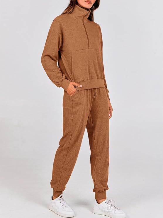 Dames casual set met longsleeve half-zip trui en joggingbroek_voghion.com