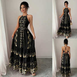 亚马逊新款黑色夏季度假吊带裙 女士挂脖性感民族风长裙厂家批发