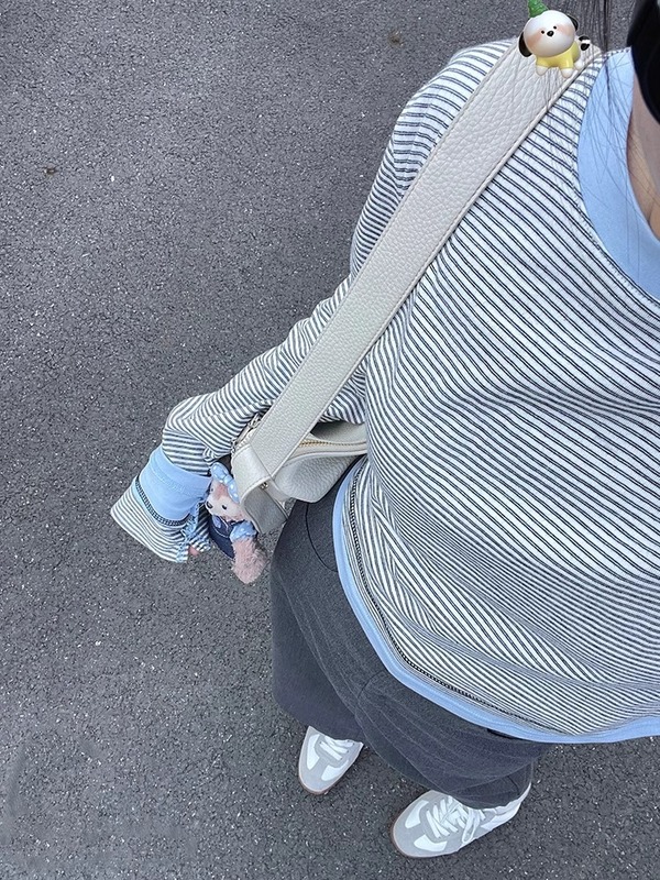 美式复古正肩假两件条纹长袖t恤女打底衫秋冬设计感减龄收腰上衣|undefined