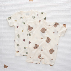 寶寶夏季超薄A類純棉平角哈衣短袖小熊小橡果圖案嬰兒家居服套裝