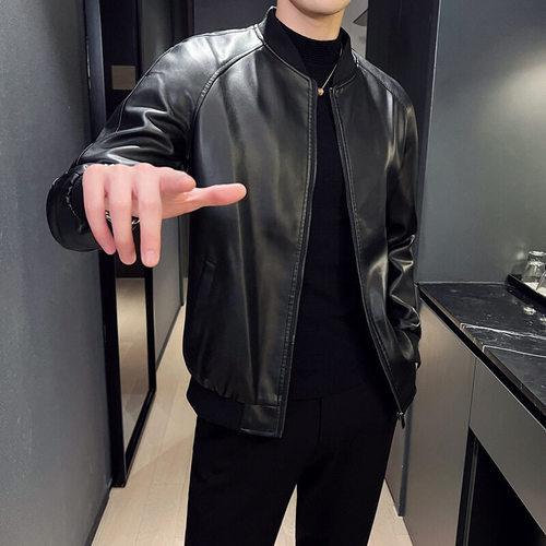 2025 Autumn/Winter New Men's Leather Jacket Thin Cardigan Zipper Design Work Long Sleeve Slim Stylish Solid Color