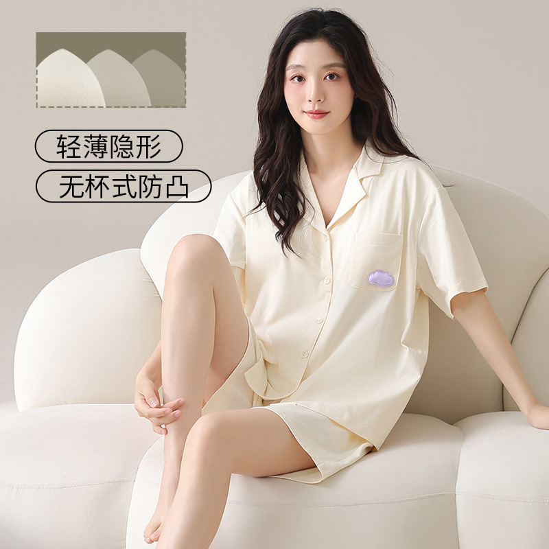 New Cool Cotton Pajamas for Women, Summer Short-Sleeved Shorts with Breast Pads, Lapel Cardigans, Sweet and Cute, Can Be Worn Outside as Home Clothes New Cool Cotton Pajamas for Women, Summer Short-Sleeved Shorts with Breast Pads, Lapel Cardigans, Sweet and Cute, Can Be Worn Outside as Home Clothes