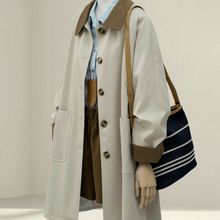 日系卡其风衣秋2025新款女装巴恩松弛感显瘦撞色翻领中长外套欧美