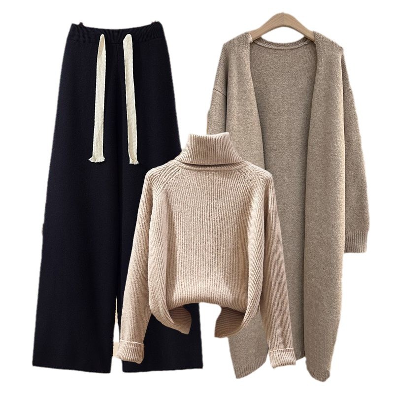 Damenbekleidung: Neue Herbstanzüge für Damen – lässiger Cardigan-Anzug mit schmal geschnittenem Pullover und weit geschnittener Hose, dreiteiliger Anzug für Damen_voghion.com