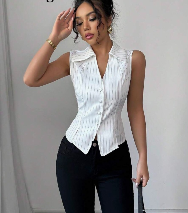 2025 European And American Elegant Fashion Slim Fit Striped Sleeveless Top Shirt_ecoleips.com
