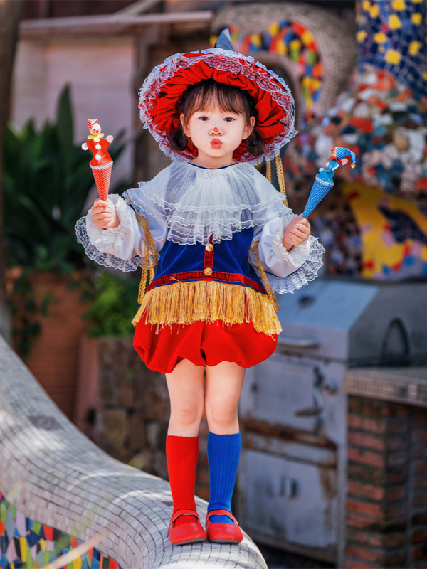 サーカスの道化師のスーツの子供のCOS男の子の女の子のハロウィンの子供の祝日4服の5カボチャのズボンの色合わせ6|undefined
