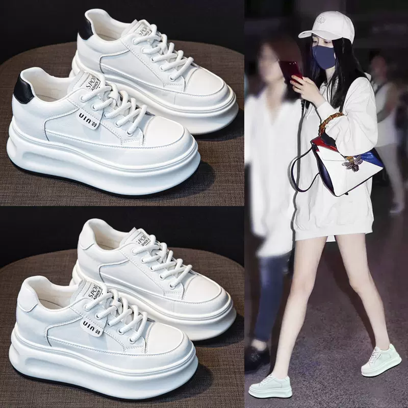 内增高真皮小白鞋女2025春秋新款厚底加绒松糕鞋小个子运动女单鞋