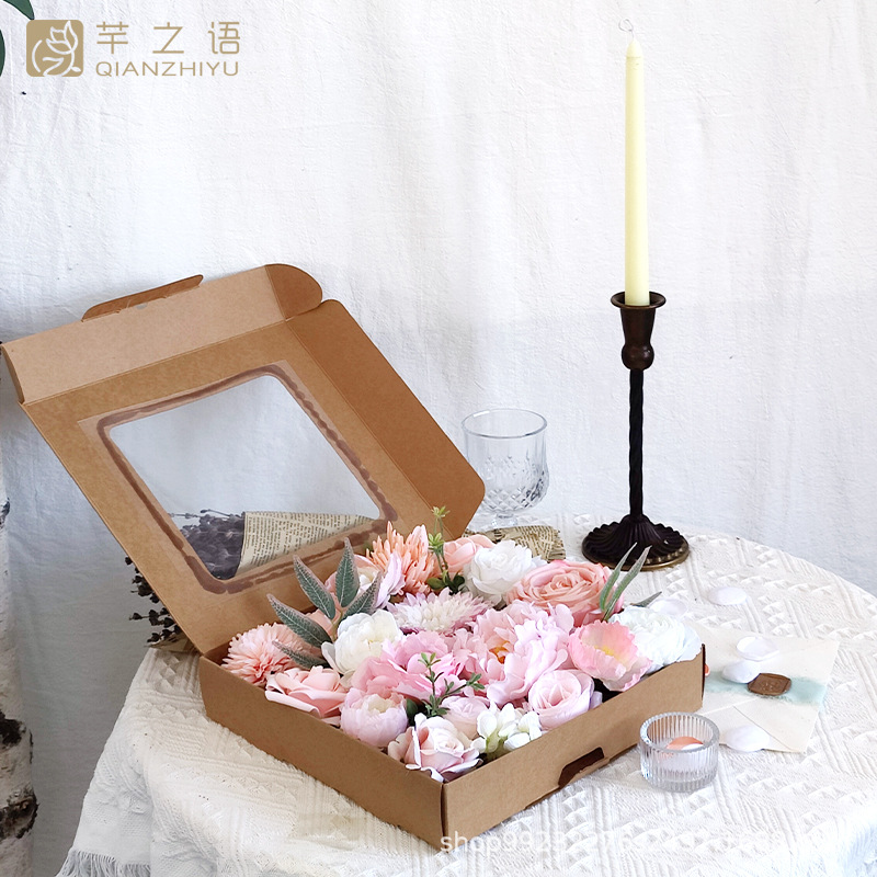 亞馬遜熱賣婚禮派對(duì)花盒花束玫瑰粉色天然森系手工仿真diy手捧花