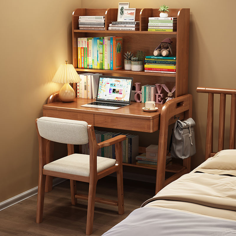 Solid Wood Desk Bookshelf Integrated Table Home Bedroom Primary and Secondary School Students Liftable Writing Desk Girls and Children Study Table