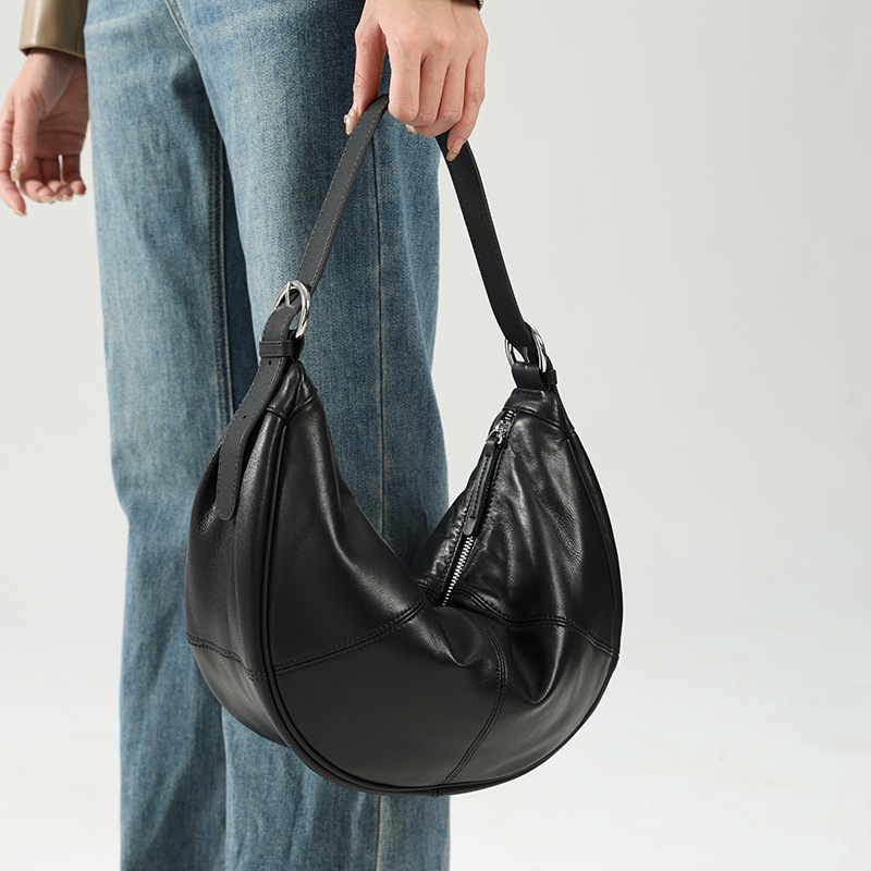 Genuine Leather Women's Cloud Bag, Niche Design Underarm Bag, High-End Large Capacity Crossbody Bag, Versatile - Thumbnail 3