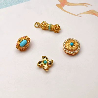 S925 Silver Gold-Plated Accessories Natural Turquoise Eight-Character Mantra Bead Pendant Vajra Pestle Pendant Windmill DIY