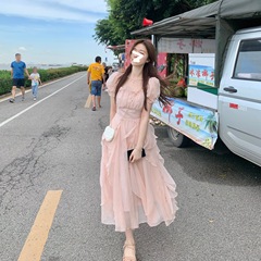 フレンチスクエアネック甘くて優しいフェアリースタイルドレスレディース夏の新しい女性のウエスト痩身ミドル丈スカート