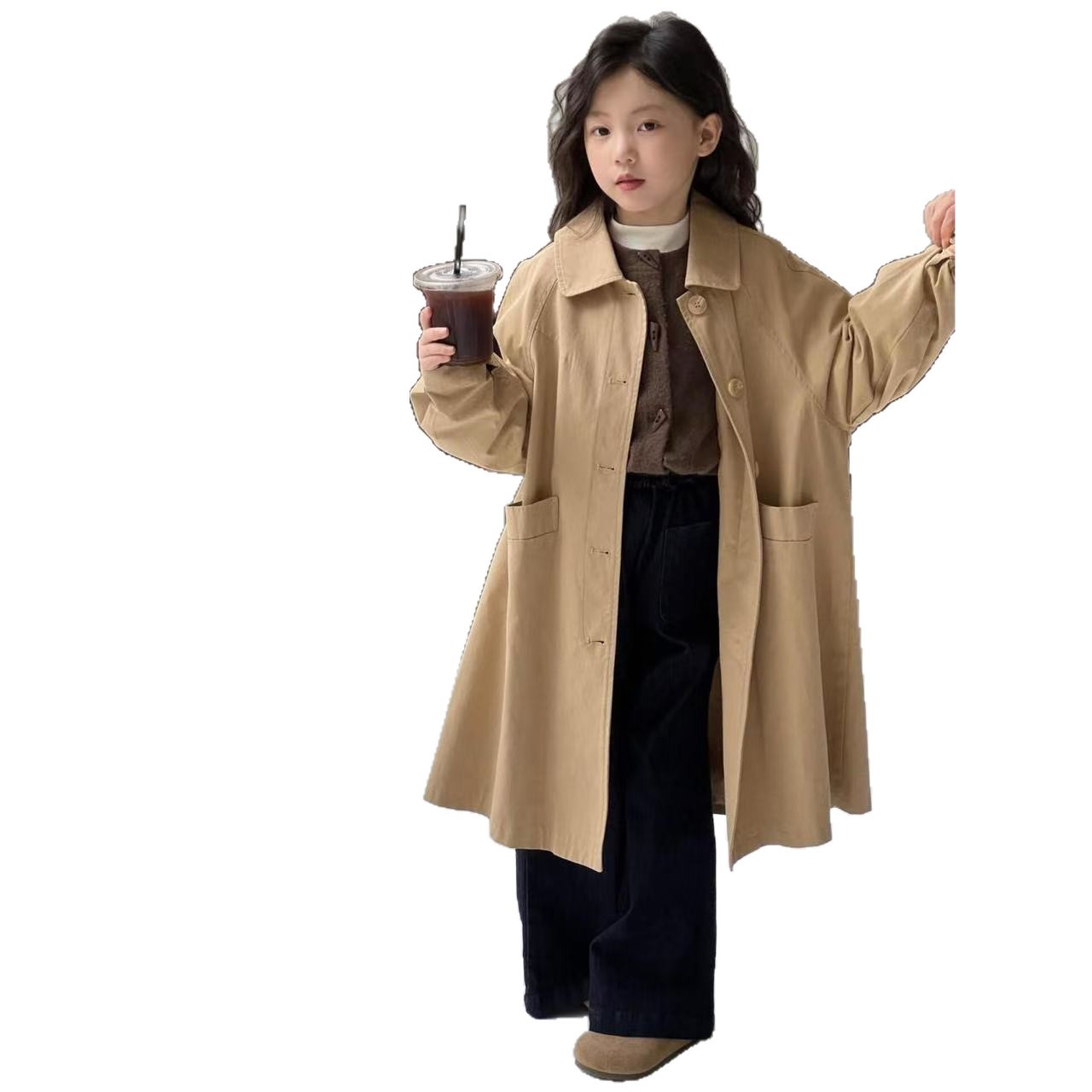 Primavera y otoño de las niñas nuevas niñas estilo extranjero primavera de moda estilo británico niñas chaqueta larga abrigo