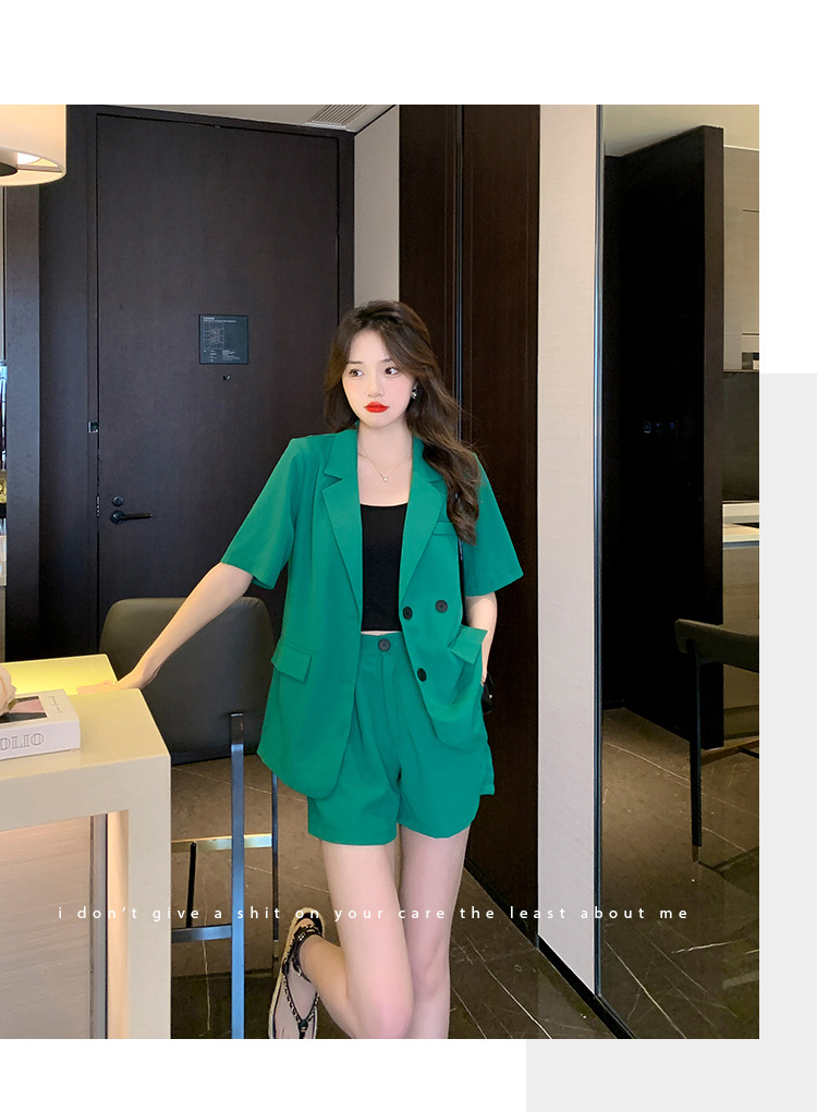 【中国直邮】HEY+JEANS 夏季新款气质短袖西装外套+高腰短裤两件套 玫红色 S