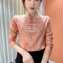 山力达迪冬季新款印花立领盘扣小衫气质百搭时尚长袖加绒打底上衣