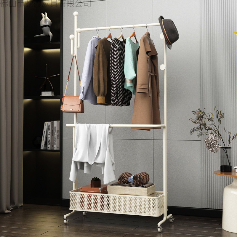 Bedroom Coat Rack Floor-Standing French-Style Clothes Rack Movable B&B Overnight Clothes Storage Secondary Clothes Rack with Dirty Clothes Basket