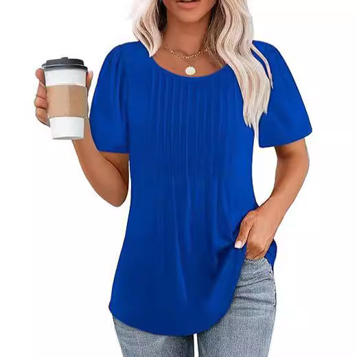 Cross-border European and American Foreign Trade Amazon Temu2024 Women's Summer Short-sleeved T-shirt Pleated Casual Low Crewneck Top