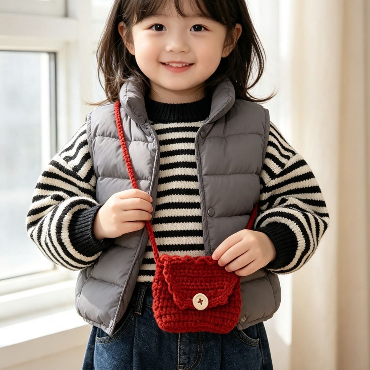 Autumn and Winter Cute Button-Decorated Crossbody Bag, Children's Earphone Bag, Hand-Woven Coin Purse, Unisex Baby Shoulder Bag