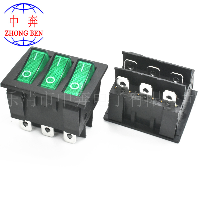 KCD9 绿色 3联 船型开关 6脚2档 电源开关 3排 33*40按键翘板开关
