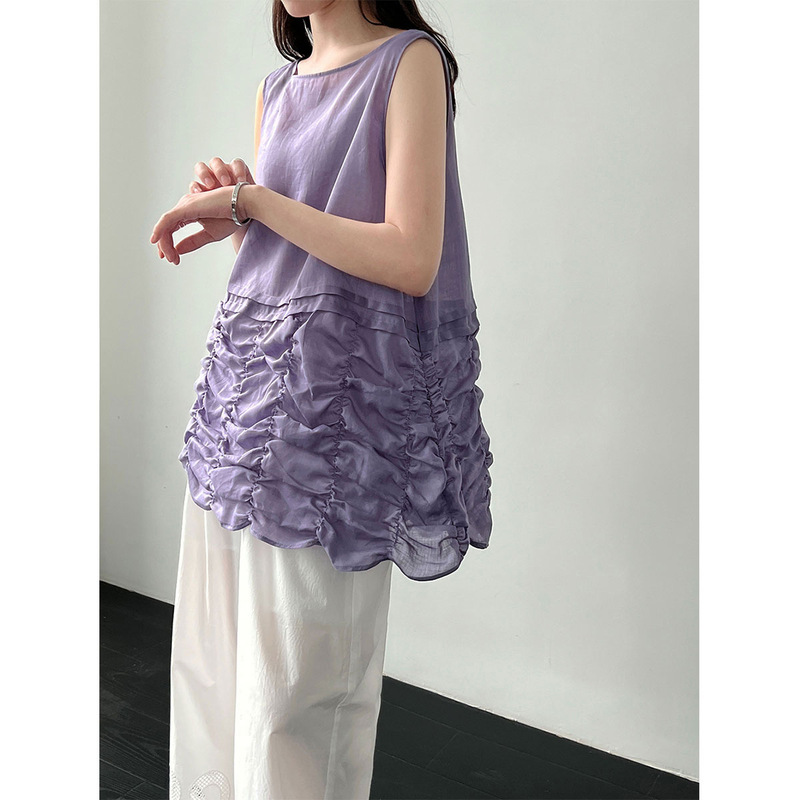 Luxi Korean-style design ruched sleeveless round-neck blouse for women, 2026 summer relaxed style bud top 5221 Luxi Korean-style design ruched sleeveless round-neck blouse for women, 2026 summer relaxed style bud top 5221