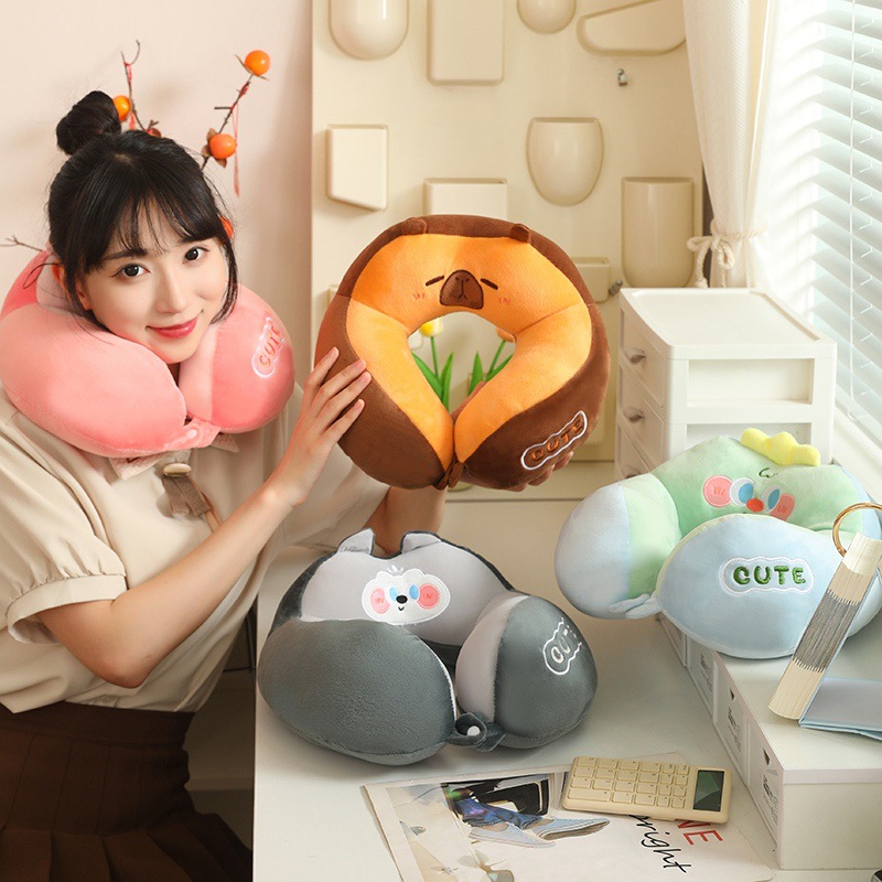 Círculos animados doble jorobas en forma de U almohada de viaje artefacto aviones almohada de cuello para dormir almohada de almuerzo para estudiantes
