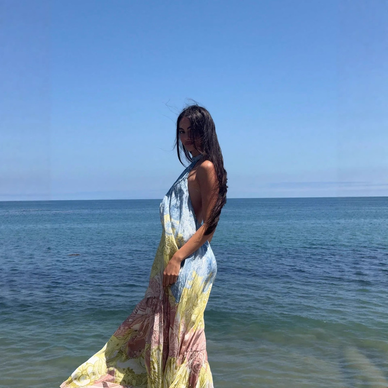 In-Stock 2025 Cross-Border Foreign Trade New Amazon Hot-Selling Model Positioning Print Tie-Back Ultra-Long Dress