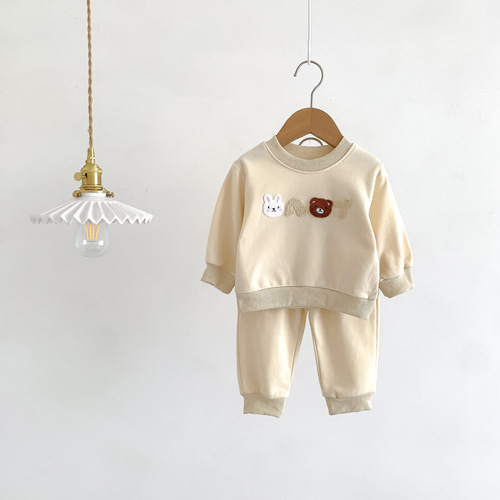Baby's cute teddy bear letter unisex casual set, two-piece long sleeve t-shirt and pants from Korea