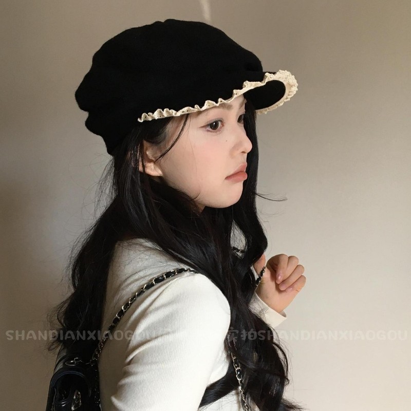 花边针织前进帽^多种戴法复古小众羊毛针织花边前进帽子女春秋|undefined