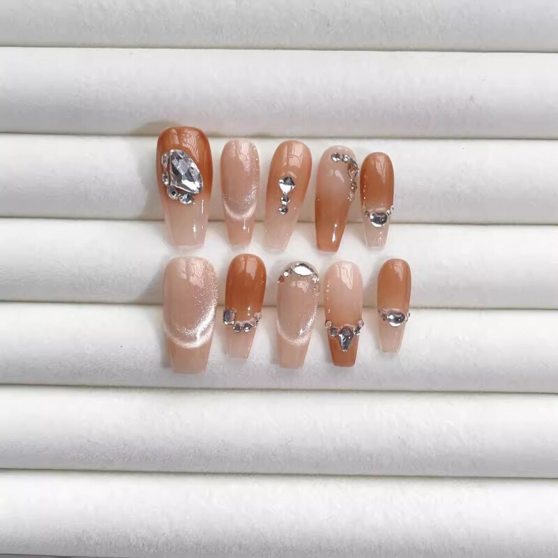 Popular Pure Lust Style Nude Color Manicure Patches, Handmade Sparkling Diamond Nail Patches, Long Style, Removable