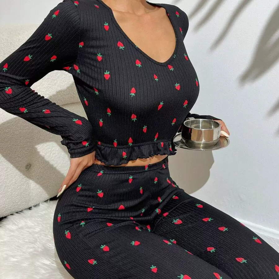 跨境欧美睡衣女性感荷叶边长袖长裤休闲可外穿女士家居服两件套装