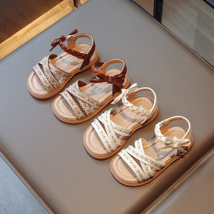 Girls Sandals 2025 Summer New Children's Shoes Princess Shoes Korean Style Bow Tbottomon Flat Children's Beach Shoes