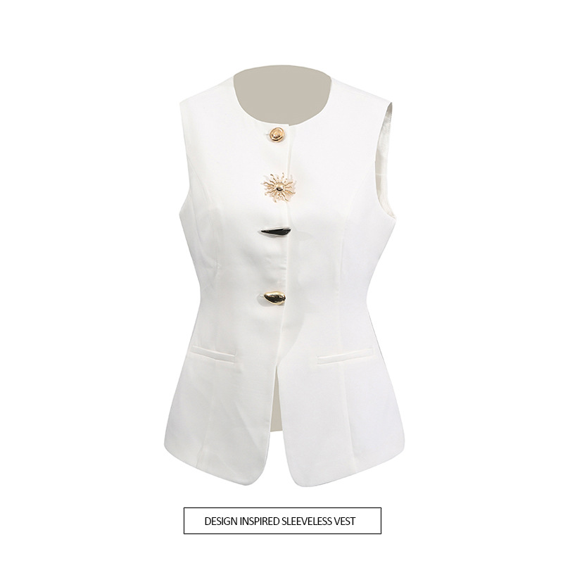 Chaleco de mujer moderno, ajustado, de cuello redondo, con botones decorativos, diseño único e irregular. Prenda de abrigo de moda para primavera/otoño/verano, estilo inglés._voghion.com