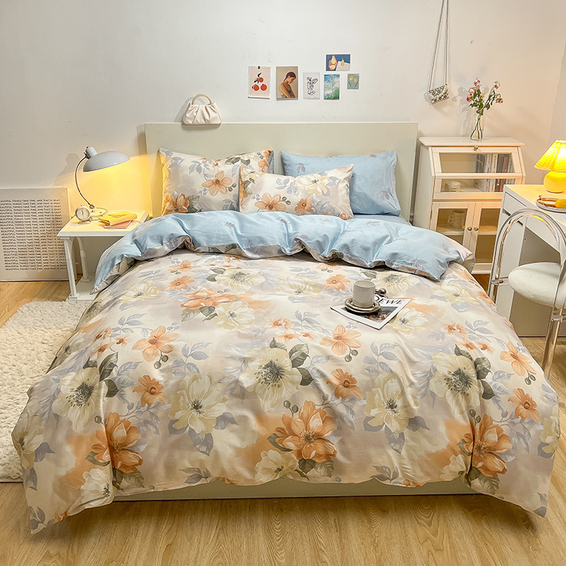 Algodón de cuatro piezas de ropa de cama de algodón 2025, nuevo edredón de flores frescas, sábanas de dormitorio de tres piezas de cuatro estaciones