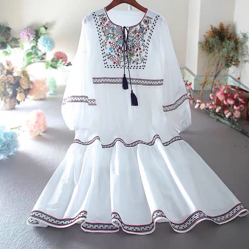 Ethnic Style Retro Mid-Length Summer New Large Size Loose Mid-Sleeve Embroidered Dress Women's White Dress Ethnic Style Retro Mid-Length Summer New Large Size Loose Mid-Sleeve Embroidered Dress Women's White Dress