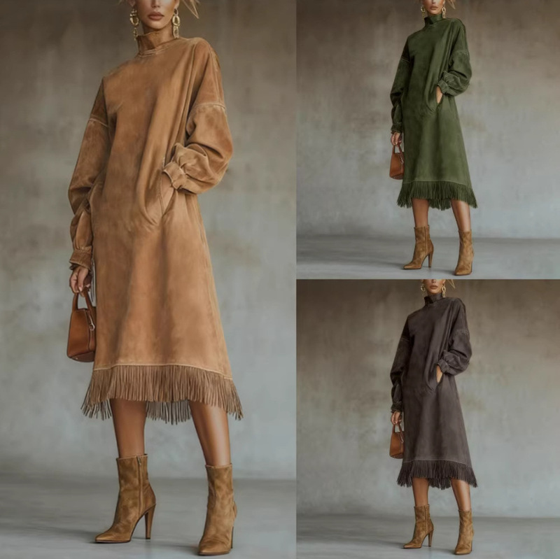 New European and American Style Cross-Border Independent Brand High-Neck Suede Vintage Fringe Long-Sleeve Dress with Loose Pockets New European and American Style Cross-Border Independent Brand High-Neck Suede Vintage Fringe Long-Sleeve Dress with Loose Pockets