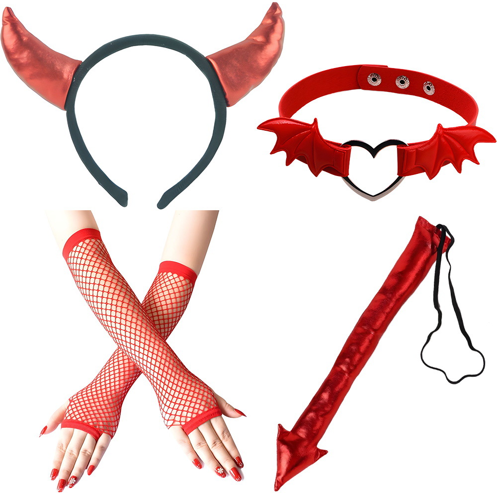 Set de Halloween para el Festival de los Fantasmas, diadema con cuernos de diablo, tridente, accesorios, alas de diablo, cola de diablo