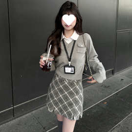 软糯韩系学院风假两件上衣女秋冬遮肚子格纹包臀半身裙子两件套装