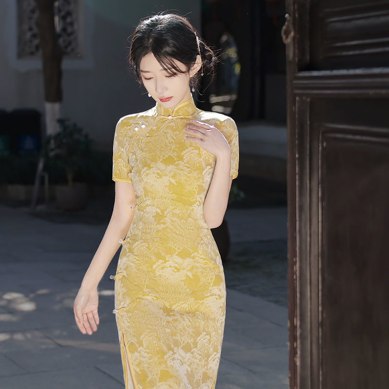 Yellow erosion bone cheongsam young new improved girl summer comfort miss big long dress