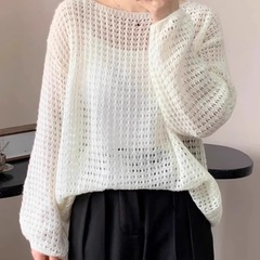 2025春夏季薄款镂空长袖针织衫女设计感宽松透气罩衫复古外搭上衣