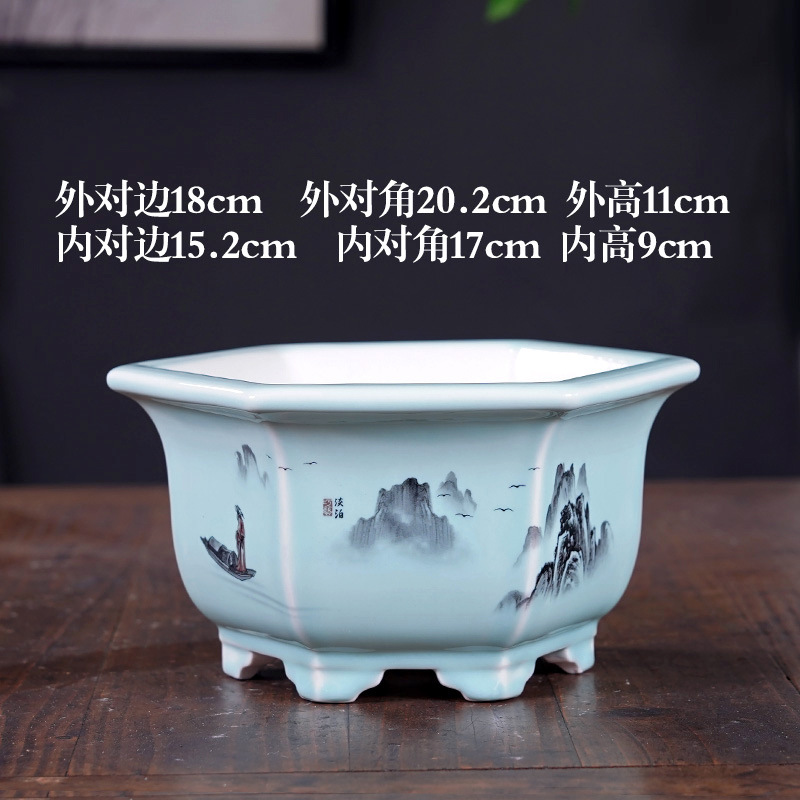 花盆陶瓷六边形大号好看设计感山水彩绘盆栽盆多肉绿植盆新款批发|undefined