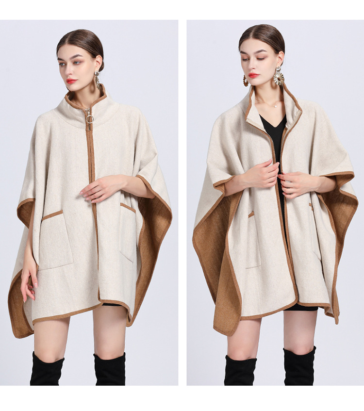Stehkragen Tasche Reißverschluss Cape Cape große Größe Strickjacke Pullover Mantel Frau_voghion.com