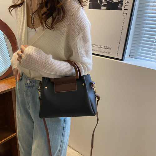 Retro  New Fashion Contrast Color Handbag Large Capacity Mother-in-Law Single Shoulder Messenger Bag Western Style Bucket Bag Women's Bag