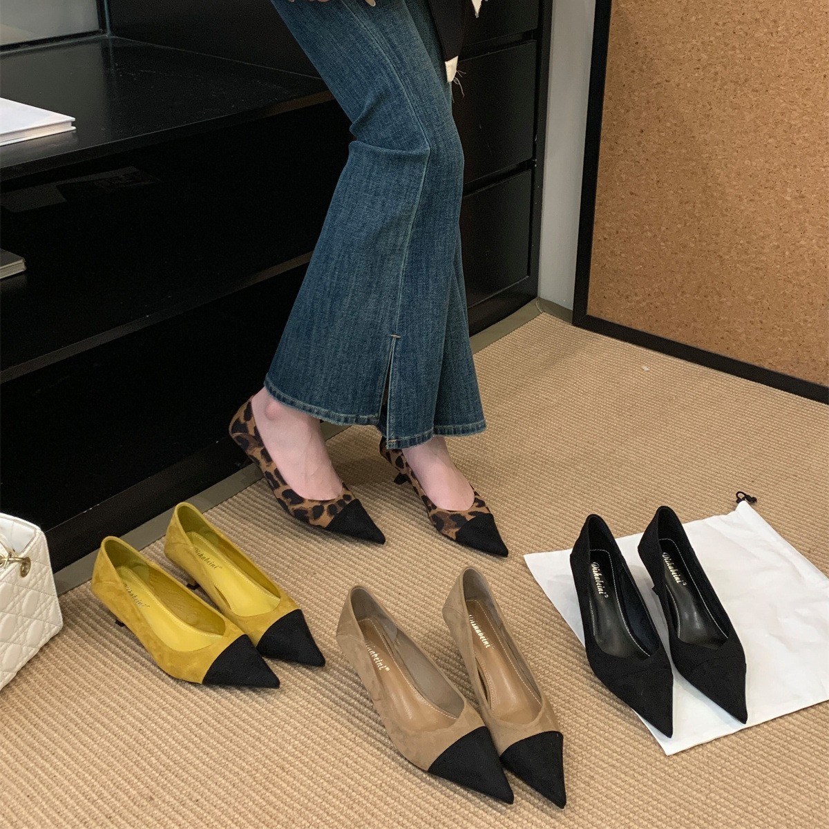 尖头法式温柔风拼接细跟单鞋女通勤浅口气质小猫跟高跟鞋