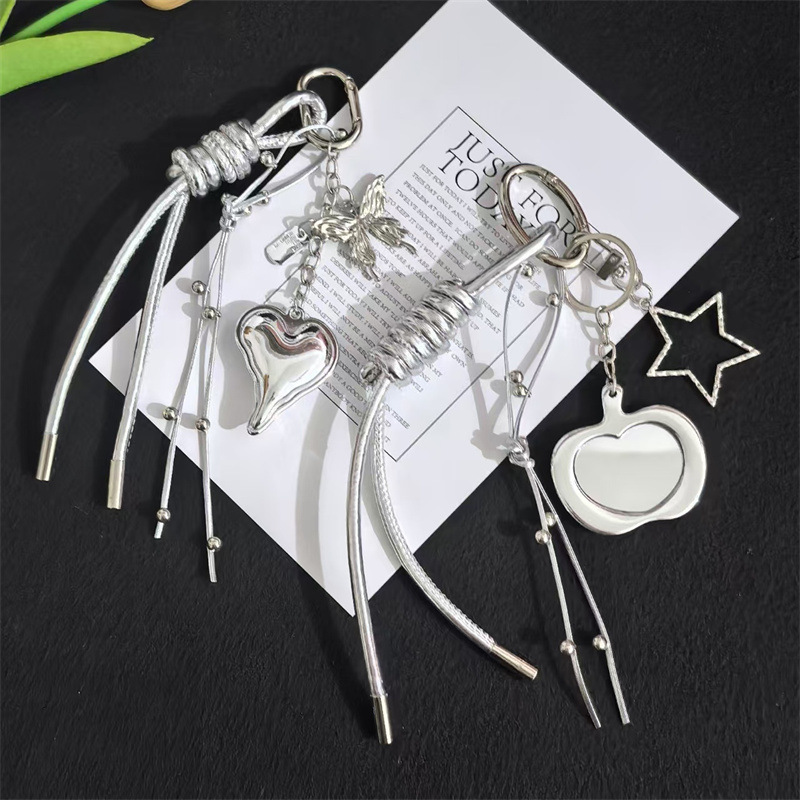 Exquisite Miu-Style High-End Silver Heart Keychain for Women, Couple's Bag Pendant, Woven Rope Backpack Accessory