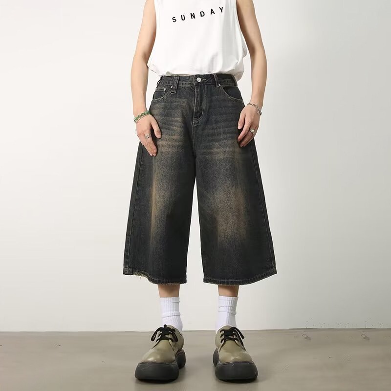 Wide-Leg 7-Point Jeans Summer Loose Silhouette Washed Retro Distressed Three-Point Straight American Denim Shorts for Men Wide-Leg 7-Point Jeans Summer Loose Silhouette Washed Retro Distressed Three-Point Straight American Denim Shorts for Men