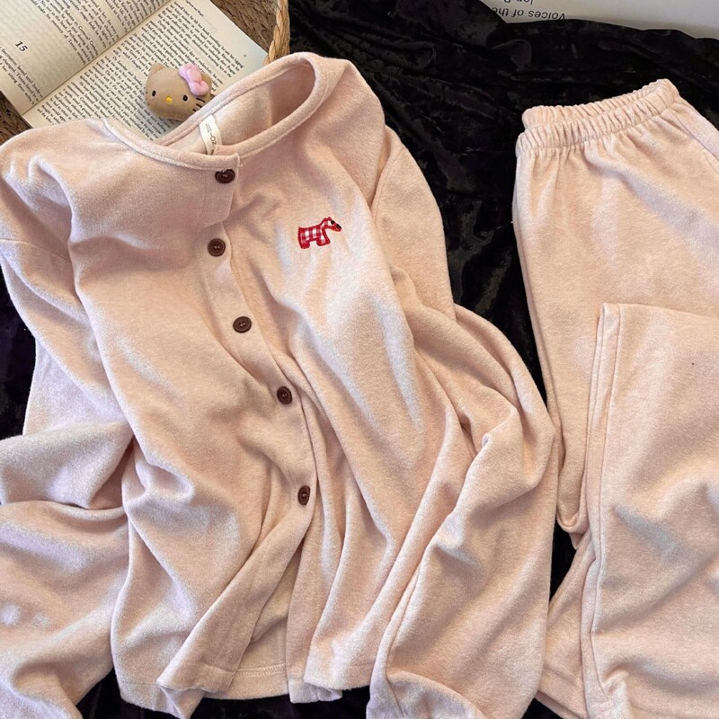 Autumn and Winter Casual Fashion Pink Puppy Pajamas Autumn and Winter New Loose Long-Sleeved Pants Home Wear Women's Suit