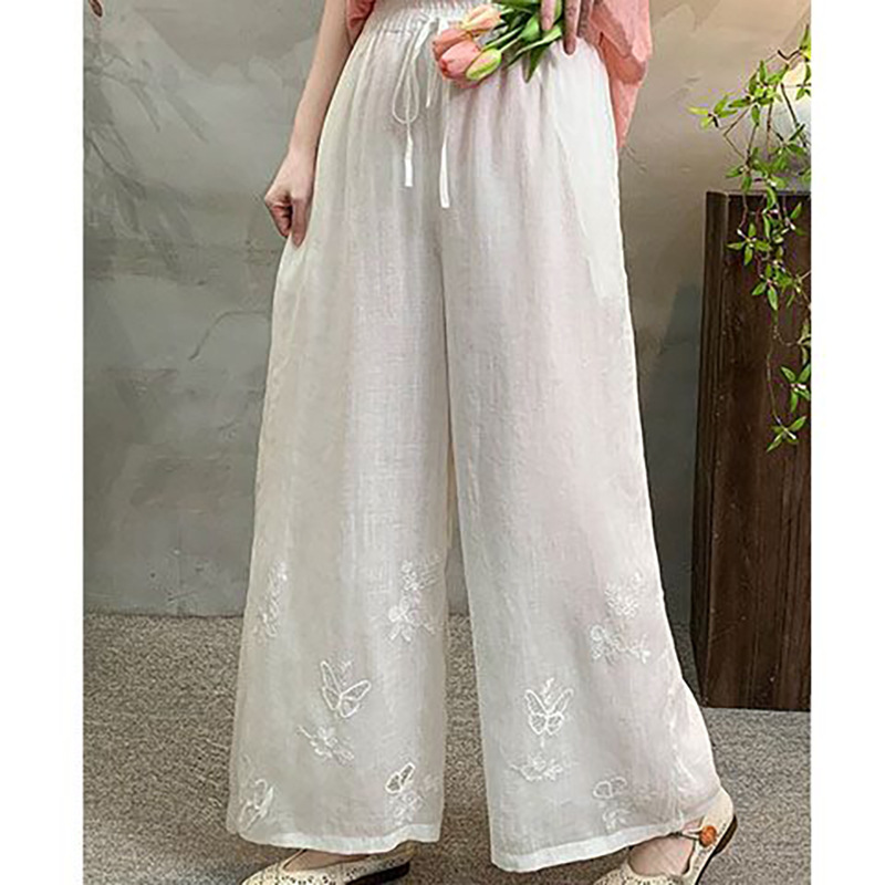 Multiple Colors Available, New Summer Women's Pants, Casual Versatile Elastic Waist Drawstring Slimming Long Pants, Cotton Linen Embroidered Wide-Leg Pants Multiple Colors Available, New Summer Women's Pants, Casual Versatile Elastic Waist Drawstring Slimming Long Pants, Cotton Linen Embroidered Wide-Leg Pants