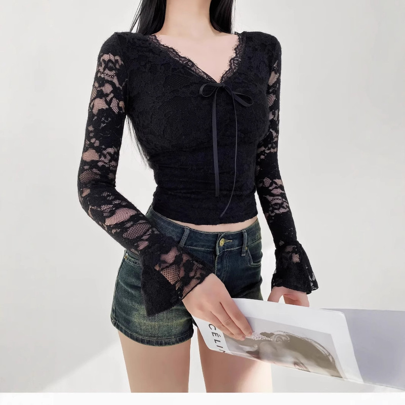 French Slim-fit Spice Girl V-neck Bell-sleeve Tight Top Women's Bow Lace Full Lace Sanding Long-sleeve T-shirt