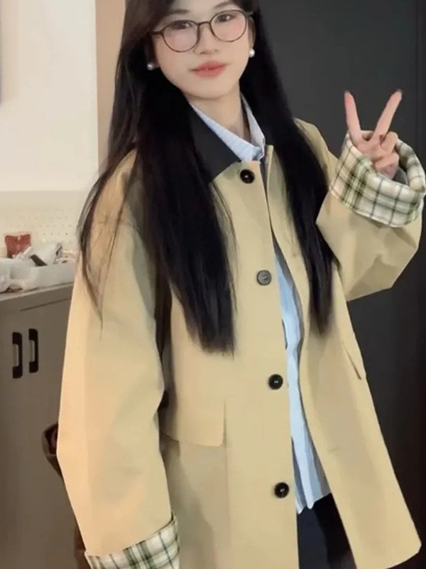 ミドル丈韓国風高級ウインドブレーカー女性用2025春秋新作小柄日本風英国風土黄色ジャケット|undefined